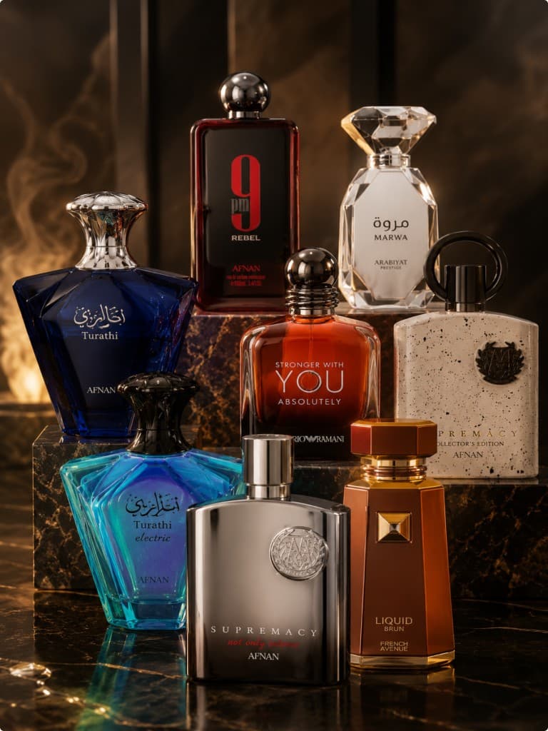 Curated luxury fragrance bottles displayed on marble